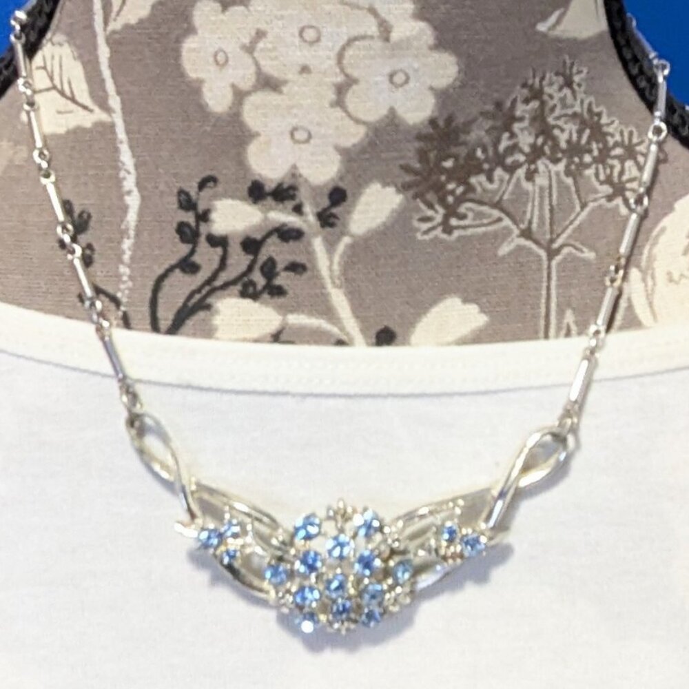 Stunning/Vintage/Statement/Chunky Light Blue Rhinestone in Silver Tone Necklace!